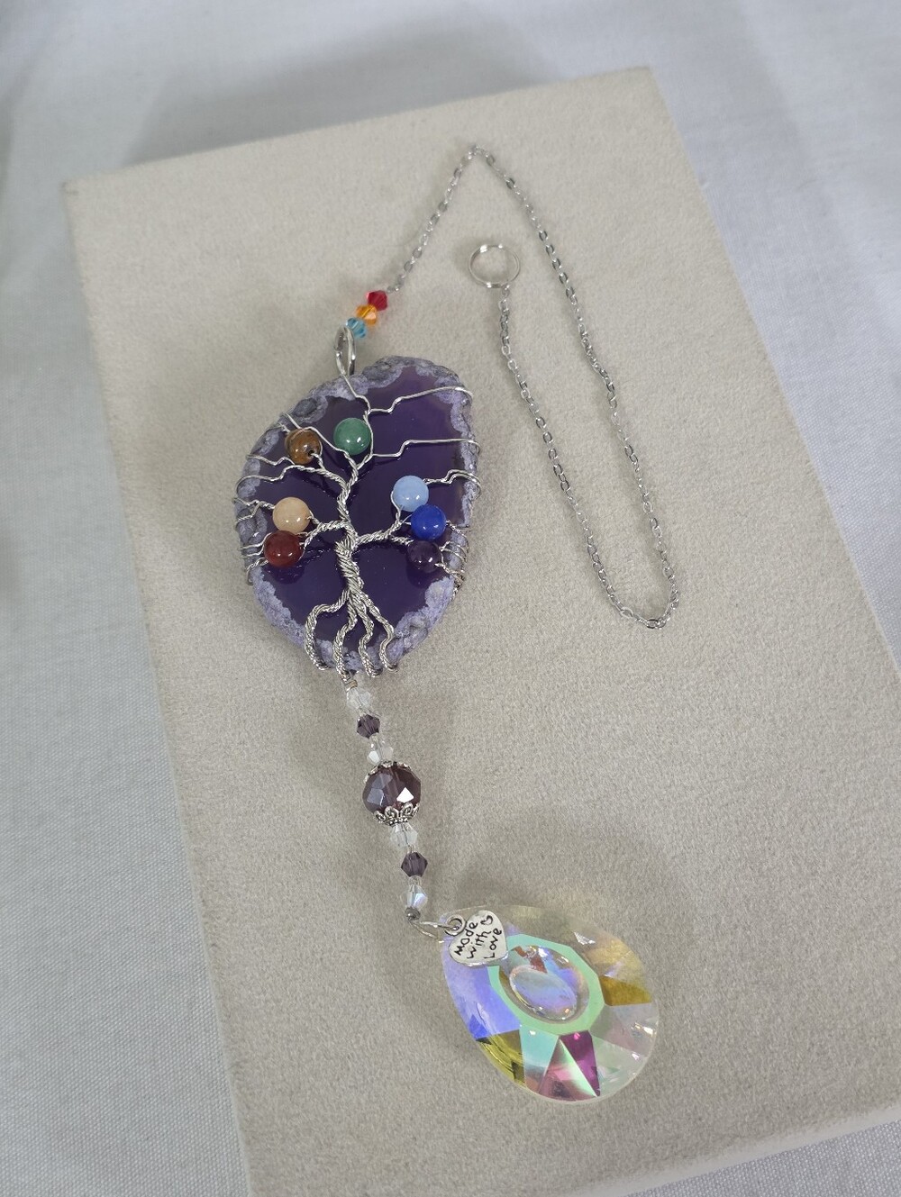 ​Purple Agate Tree of Life Window Suncatcher with Chakra Stones & Crystal Prism